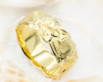 14K Gold Plated 925 Sterling Silver Hawaiian Ring For Women & Men. 8mm Hand Carved, Engraved Plumeria Scrolls Pinky, Thumb, Wedding Ring.