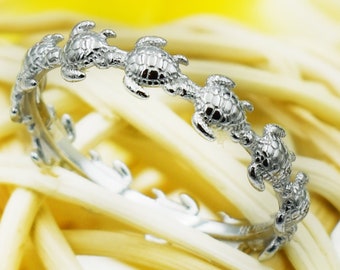925 Sterling Silver Sea Turtle Eternity Ring. Stackable, Gold Plated, Silver Hawaiian Honu Band for Pinky, Statement, Index, Thumb Fingers.