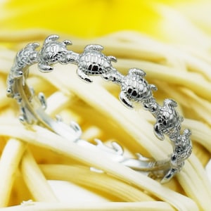 925 Sterling Silver Sea Turtle Eternity Ring. Stackable, Gold Plated, Silver Hawaiian Honu Band for Pinky, Statement, Index, Thumb Fingers.