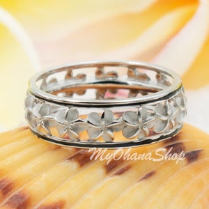 925 Sterling Silver, Gold Plated Plumeria Lei, Eternity Ring For Women, Girls.  7mm Cutout, Tropical, Hawaiian, Pinky, Wedding, Thumb Ring.