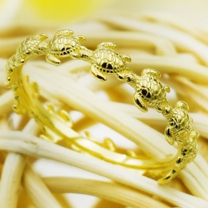 925 Sterling Silver Sea Turtle Eternity Ring. Stackable, Gold Plated, Silver Hawaiian Honu Band for Pinky, Statement, Index, Thumb Fingers.