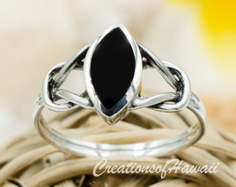 925 Sterling Silver Marquise Black Onyx Ring With Celtic Love Knots For Women, Girls.  Chic Stackable  Pinky, Statement, Index, Thumb Ring.