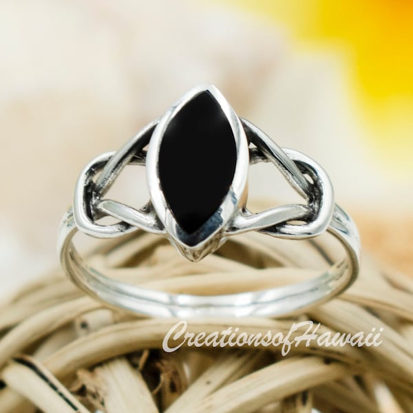 925 Sterling Silver Marquise Black Onyx Ring With Celtic Love Knots For Women, Girls.  Chic Stackable  Pinky, Statement, Index, Thumb Ring.