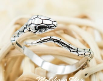 Sterling Silver Adjustable Snake Ring For Women, Girls. Wrapped Around Serpent For Pinky, Middle, Index, Thumb Ring.  Nature Snake Jewelry.