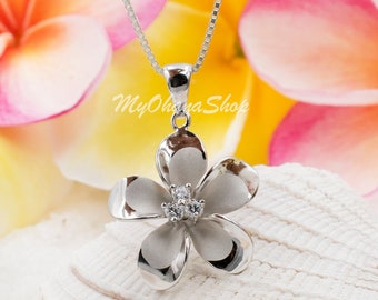 925 sterlingzilveren plumeriabloemketting voor dames, meisjes.  Tropische, Hawaiiaanse klassieke plumeria-ketting met zirkonia's. Bruidsmeisjes ketting.