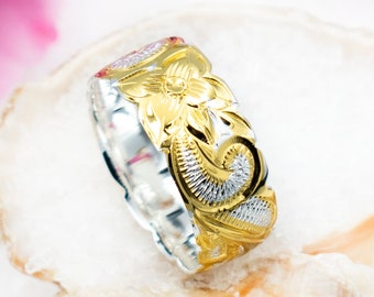 Sterling Silver 8mm Hawaiian Ring Hand Carved, Engraved, Gold Plated.  Classic Hawaiian Scrolled Plumeria Jewelry. Thumb, Index Pinky Band