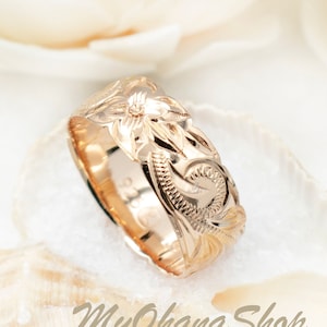 14K Gold Plated 925 Sterling Silver Hawaiian Ring For Women & Men. 8mm Hand Carved, Engraved Plumeria Scrolls Pinky, Thumb, Wedding Ring.