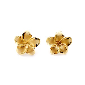 14K Gold Hawaiian Plumeria Stud Earrings. Large 16mm Tropical, Flower Stud For Women, Girls. Floral, Nature, Island Jewelry. Gifts For Her