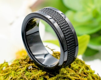 Black Stainless Steel Thumb Ring For Men, Women.  Chic Mesh Ring, Band Style For Pinky Ring, Index Ring, Wedding Engagement Ring For Him.