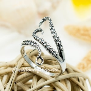 925 Sterling Silver Octopus Tentacles Ring. 24mm Wide, Adjustable For Middle, Midi, Index, Thumb Rings. Sea Life Octopus Jewelry Gift.