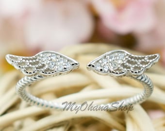 925 Sterling Silver Angel Wings Ring With CZ.  Dainty Adjustable Stackable Ring With Wings For Midi, Pinky, Thumb, Middle or Ring Finger.