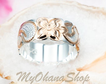Sterling Silver 8mm Hawaiian Ring Hand Carved, Engraved, Gold Plated.  Classic Hawaiian Scrolled Plumeria Jewelry. Thumb, Index Pinky Band