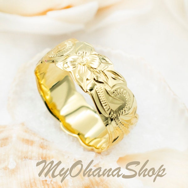 14K Gold Plated Sterling Silver Hawaiian Ring For Women & Men. 8mm Hand Carved, Engraved Plumeria Scrolls Ring.  Couple Wedding Band Jewelry