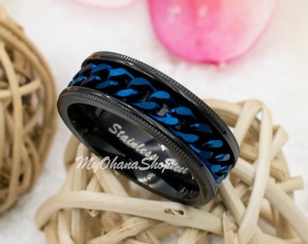 8mm Stainless Steel Anxiety Spinner Fidget Ring For Men, Women. Chic Unisex Black, Blue Curb Link Chain Spinner For Pinky, Index, Thumb Band