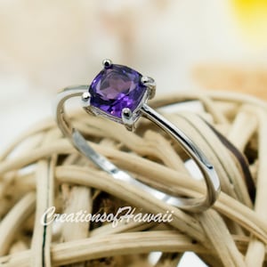 925 Sterling Silver Real Amethyst Ring For Girls, Women.  Deep Purple, 6x6mm Cushion Cut, 1 Carat Genuine Amethyst Statement Ring For Her.
