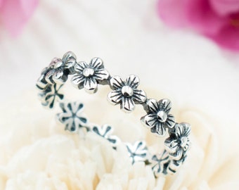 925 Sterling Silver Flower Eternity Ring For Women, Girls.  Stackable Thumb, Pinky, Index, Statement Band. Tropical Hawaiian Flower Jewelry.