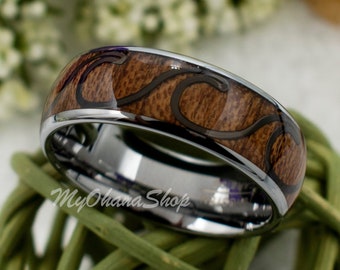 Tungsten Koa Wood Wave Ring For Men, Women, Girls & Boys. 8mm Personalized, Natural Wood, Wedding, Engagement, His Hers Matching Band