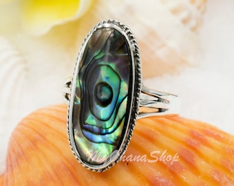 925 Sterling Silver Abalone Shell Ring For Women Girls. 26mm Long Real Seashell Inlay Statement Ring For Pinky, Ring, Middle, Index Fingers.