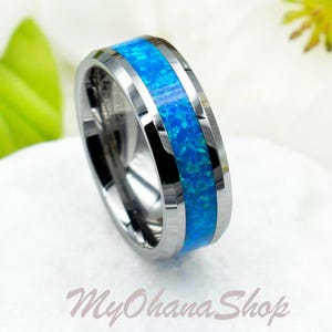 8mm Blue Opal Tungsten Ring With Engraving. Men, Women Wedding Band. Engraved, Anniversary Engagement Ring - Personalized Gift For Her, Him