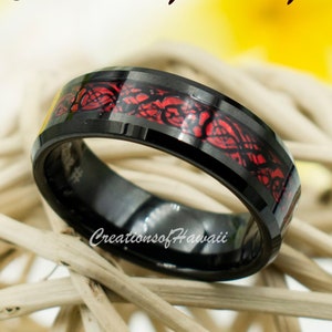 Bague en opale de feu rouge, dragon celtique, carbure de tungstène noir pour homme et femme. Alliance noire rouge confortable de 8 mm pour mariage, pouce, index.