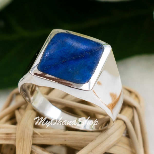 925 Sterling Silver Blue Lapis Signet Ring For Men & Women. 15mm Square Natural Lapis, Black Onyx or Tiger Eye Gem Stone Ring Gem Stone Ring
