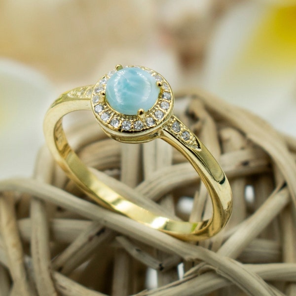 925 Sterling Silver Genuine Larimar Ring Plated With 18K Gold. Hallo Setting With Cubic Zirconia.  1 Ct Real Larimar Statement Ring For Her.