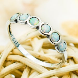 925 Sterling Silver Stackable Opal, Turquoise Ring For Women, Girls. Skinny, Dainty 5mm Stacking Band For Pinky, Statement, Index or Thumb.