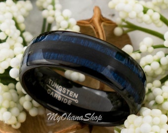 8mm Black Tungsten Blue Wood Ring For Men, Women, Boys & Girls. Personalized, Custom Engraved Real Exotic Wood Band. His Hers Matching Rings