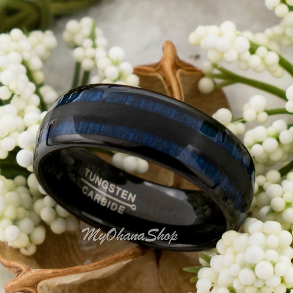 8mm Black Tungsten Blue Wood Ring For Men, Women, Boys & Girls. Personalized, Custom Engraved Real Exotic Wood Band. His Hers Matching Rings