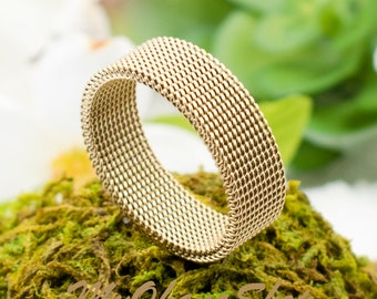 Stainless Steel 14K Gold Plated Mesh Ring Band for Men, Women