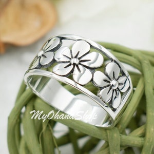 Sterling Silver Hawaiian Plumerias Ring For Women. 10mm Wide 3 Flowers Cutout Tapered Statement Ring For Pinky, Index, Thumbs.
