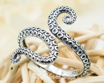 Sterling Silver Octopus Tentacles Ring. 25mm Wide Wraparound, Adjustable For Middle, Midi, Index, Thumb Rings. Sea Life Octopus Jewelry Gift