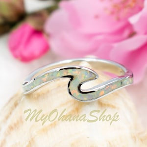 Sterling Silver Ocean Wave Ring With Blue White Opal Tidal Current Wave. Thumb, Pinky, Midi Knuckle Rings For Women, Teens Girls Kids Gifts