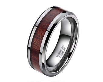 8mm Hawaiian Koa Wood Tungsten Ring For Men Women.  Personalized, Natural Wood, Wedding, Anniversary Engagement Band - Gift For Him, Her