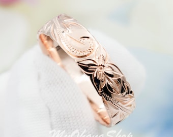 14K Rose Gold Plated Silver Hawaiian Ring. 6mm Hand Carved, Heirloom, Heritage Princess Scroll Band. Classic Jewelry. Mother's Day Ring.