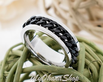 Stainless Steel Black Chain Spinner Ring For Men & Women Pinky, Index, Thumb Ring Band. Chic Silver - Black Spinning Ring For Boys, Girls.