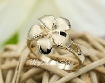 14K Gold Plumeria Ring For Women. Hawaiian Gold Plumeria Jewelry.  Island Tropical Flower Wedding, Engagement, Pinky Ring. Gift For Her.