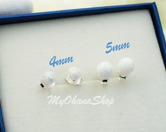 925 Sterling Silver Opal Ball Stud Earrings.  Tiny Teeny Created Round Opal Sphere Earrings For Girls, & Women.  Gradual Sized Earrings.