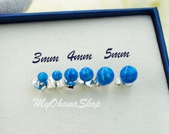 925 Sterling Silver Opal Sphere Ball Stud Earrings.  Tiny Teeny Created Round Opal Stud Earrings For Boys & Girls.  Gradual Sized Earrings.