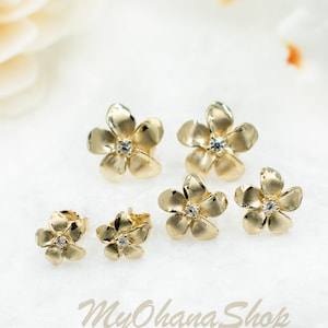 14K Gold Plumeria Stud Earrings CZ-  Hawaiian Island Jewelry. Tropical, Flower Earrings For Women, Teen Girls.  Valentine&#39;s Gift For Her