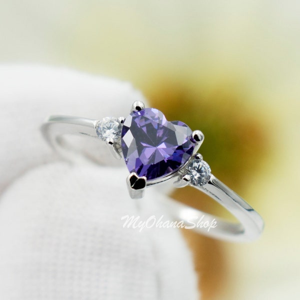 925 Sterling Silver Amethyst CZ Heart Ring For Women, Girls. February Birth Stone Ring. 1 Ct. Deep Purple Heart Ring,  Promise Ring For Her.