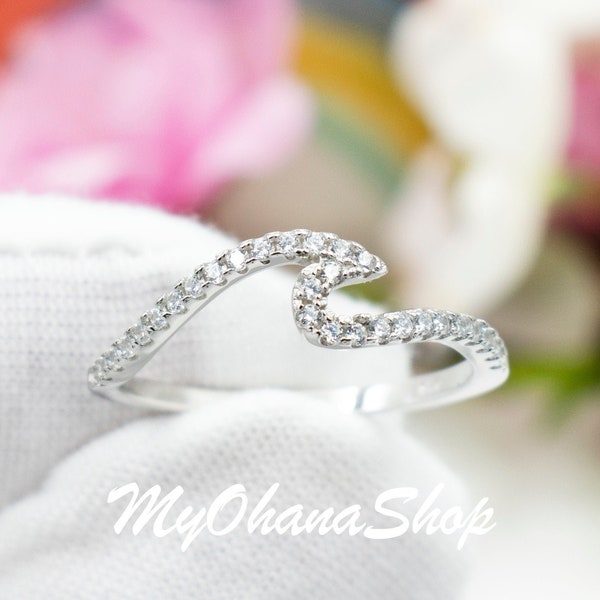 Sterling Silver Ocean Wave Ring CZ. Cute Dainty Hawaiian Tidal Wave of Aloha Jewelry For Women, Teen Girls. Pinky, Thumb Rings. Gift For Her
