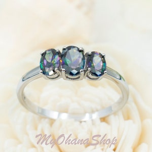 925 Sterling Silver Mystic Topaz CZ Ring for Women, Teens Girls.  Triple Oval Rainbow Topaz Pinky, Statement, Wedding Ring for Her, Mom.