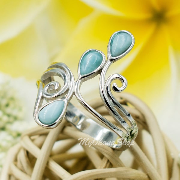 925 Sterling Silver Larimar Ring For Girls, Women. 25mm Long, Filigree, Cutout, Swirly, Elegant Scrolls Ring With Real, Blue Larimar Inlay.