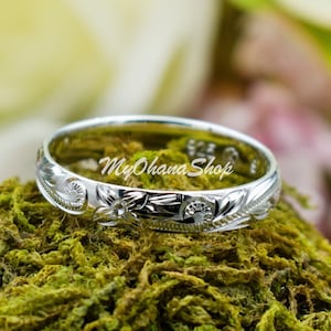 925 Sterling Silver Hawaiian Ring For Women.  4mm Hand Carved, Engraved, Stackable Plumeria Scroll Ring. Dainty Toe, Pinky, Midi, Thumb Ring