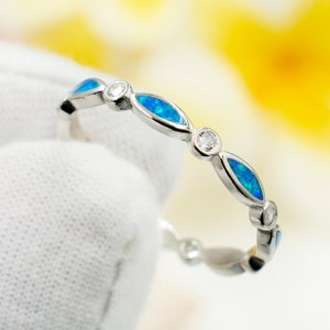 925 Sterling Silver Opal Eternity Band With CZ.  3mm Dainty, Stackable Skinny Ring For Pink, Toes, Fingers, Thumbs. Wedding Engagement Band.