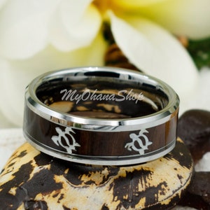 8mm Koa Wood, Sea Turtles Inlay Tungsten Carbide Ring For Men & Women. Beveled Edge, Scratch Free, Hawaiian Wedding Band For Couples.