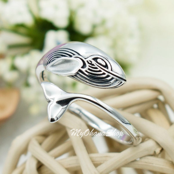 Sterling Silver Adjustable Whale Ring For Women & Children. Hawaiian Ocean, Sea Life, Orca, Killer Whale Jewelry. Pinky Midi Thumb Ring.