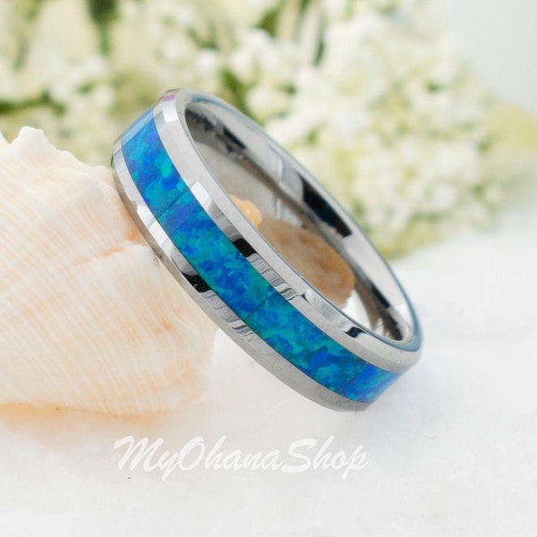 6mm Blue Opal Tungsten Ring With Engraving. Men, Women Wedding Band. Engraved, Anniversary Engagement Ring - Personalized Gift For Her, Him