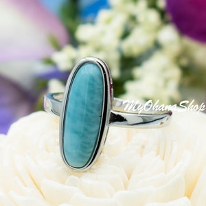 925 Sterling Silver Blue Larimar Ring For Women, Girls.  19mm Natural Caribbean Ocean Larimar Gem Ring. Tropical Island Beach Jewelry Gift.